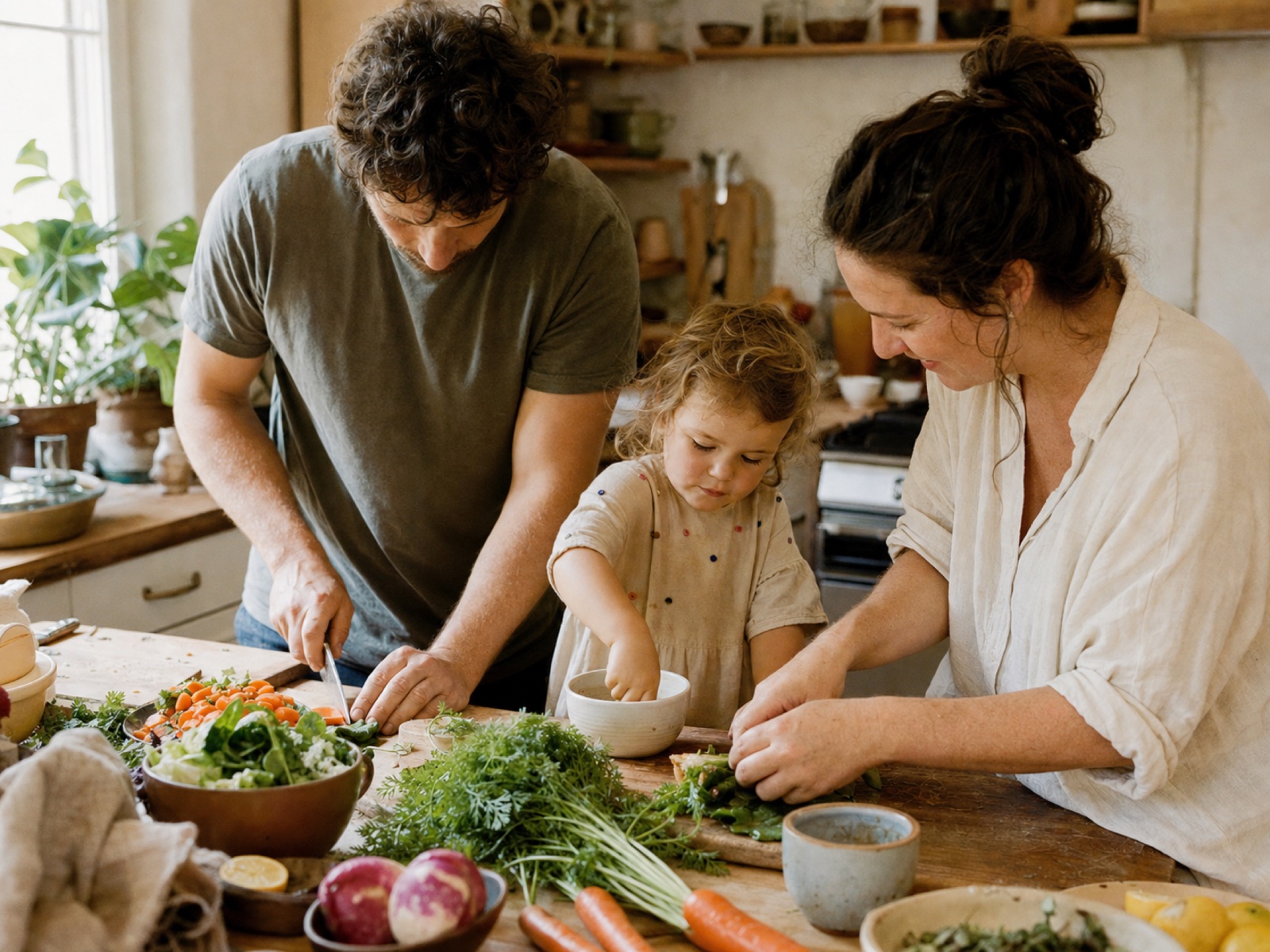 A family cooking together in their kitchen